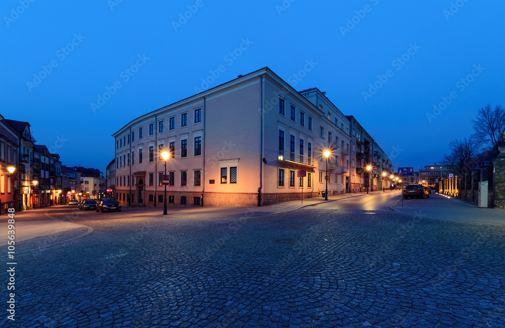 Streets near the Marii Panny square in Kielce, Poland, in the ev