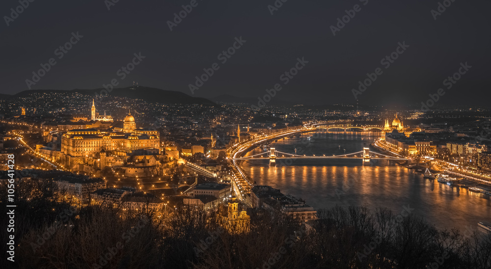 Panoramic View of Budapest with Street Lights and the Danube River at Night as Seen from Gellert Hill Lookout Point