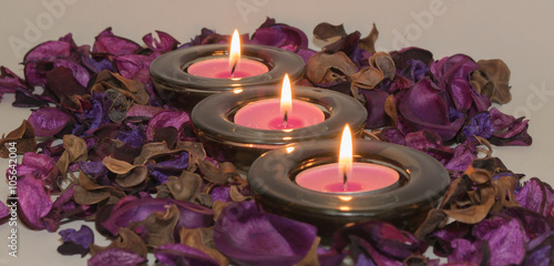 Decorations, purple potpourri with candles, romance