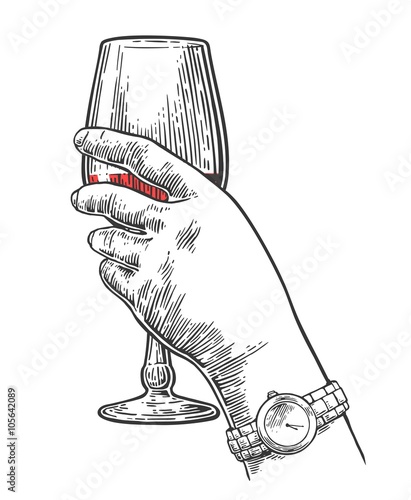Female hand holding a glass of wine. Vintage vector engraving illustration for label, poster, invitation to a party. Time to drink.