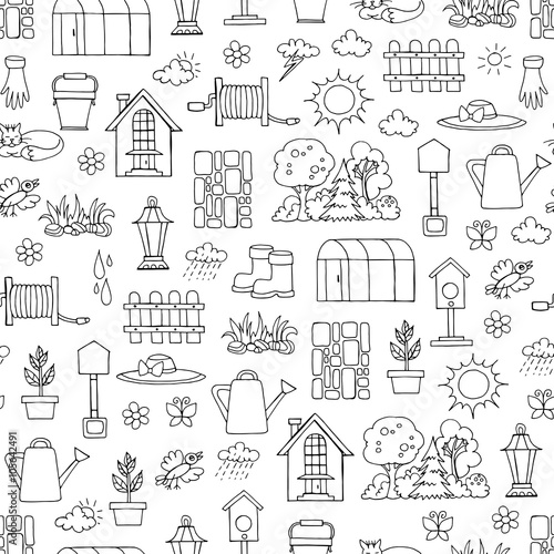 Vector seamless pattern with hand drawn isolated symbols of spring and garden