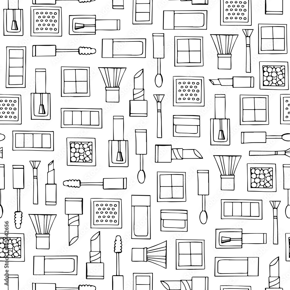 Vector seamless pattern with hand drawn decorative cosmetics on white color
