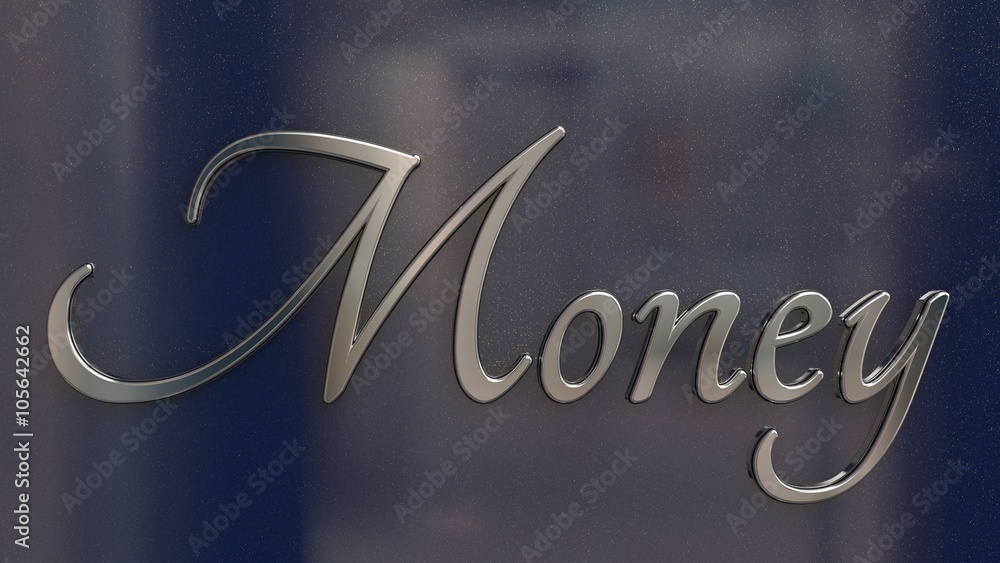 Chrome metal emblem with word Money written in script font on a glossy ...