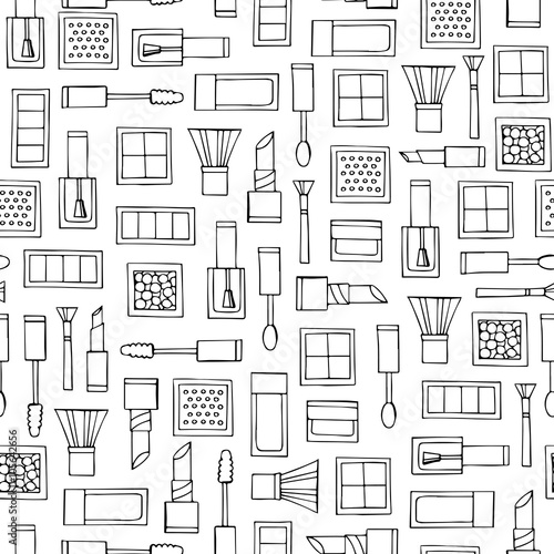 Vector seamless pattern with hand drawn decorative cosmetics on white color