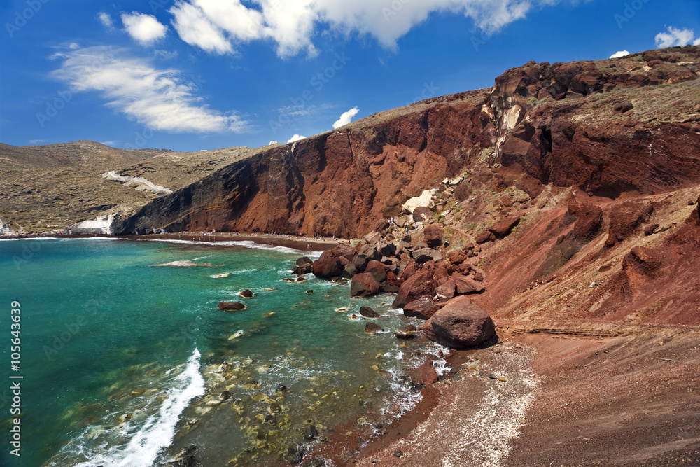 Greece. Cyclades Islands - Santorini (Thira). Red Beach - one of the most famous beaches of island known for unique color of the sand and surrounding cliffs