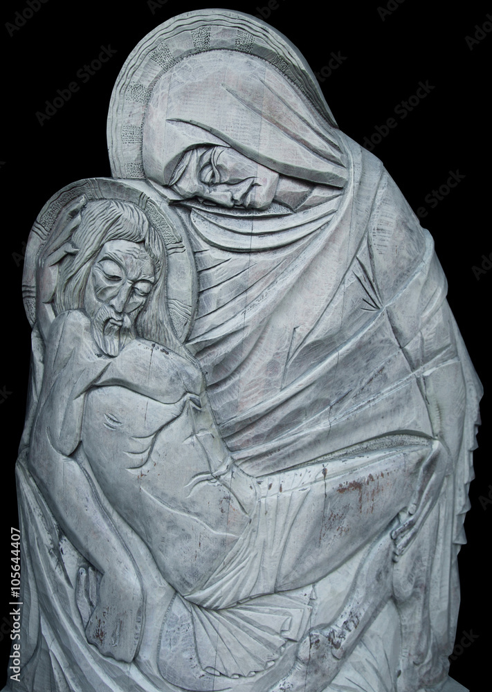 silver statue of Virgin Mary with Jesus Christ in her arms silver statue of Virgin Mary with Jesus Christ in her arms
