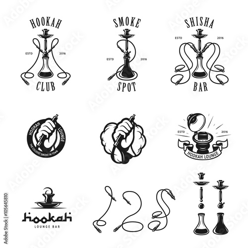Set of hookah labels, badges and design elements.