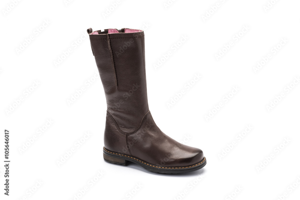 brown leather childrens boot on a white background