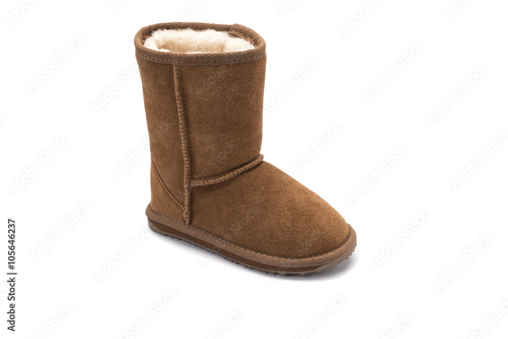 brown fluffy ugg boot style childrens footwear on white backgrou brown fluffy ugg boot style childrens footwear on white backgrou
