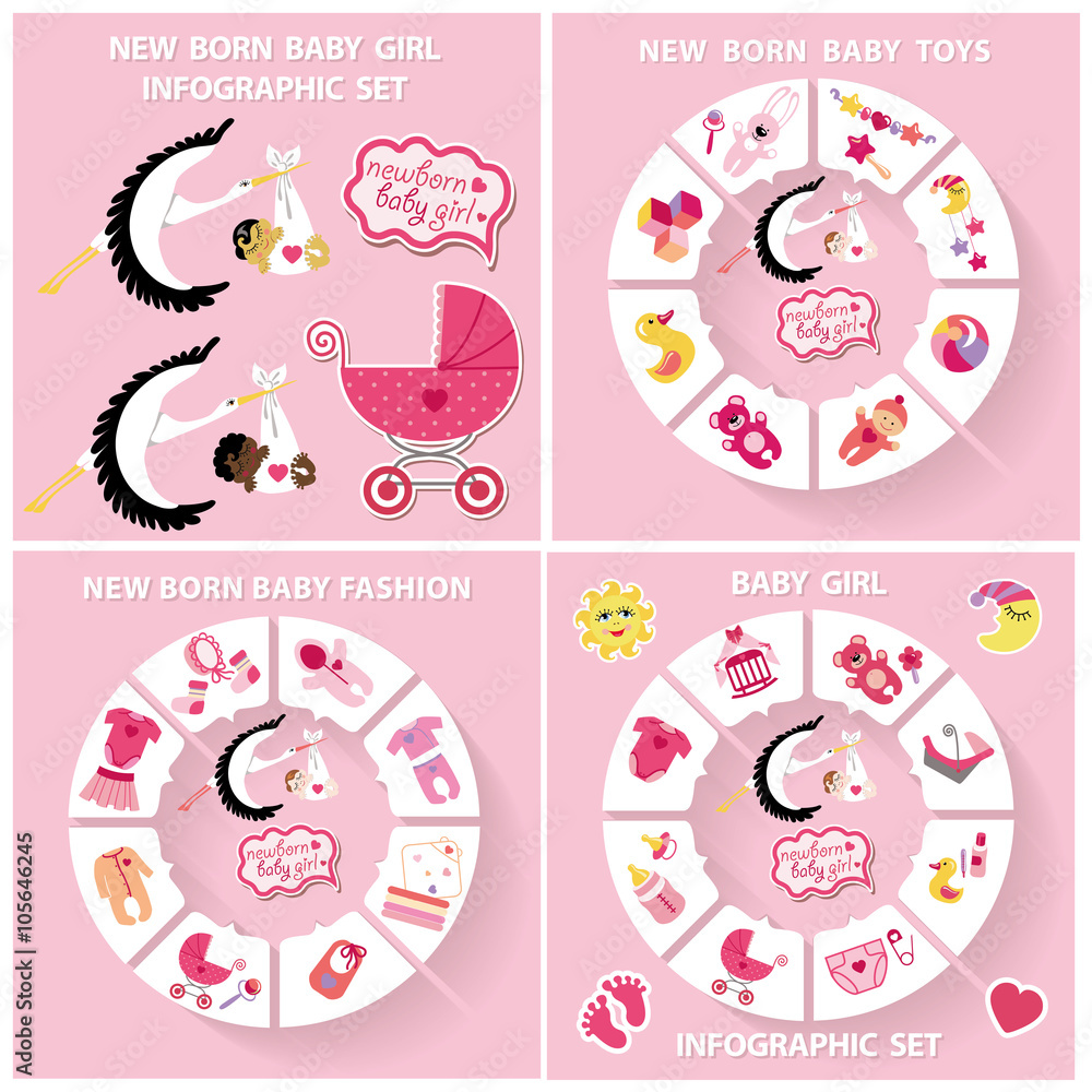 New born baby girl circle infographic set New born baby girl circle infographic set