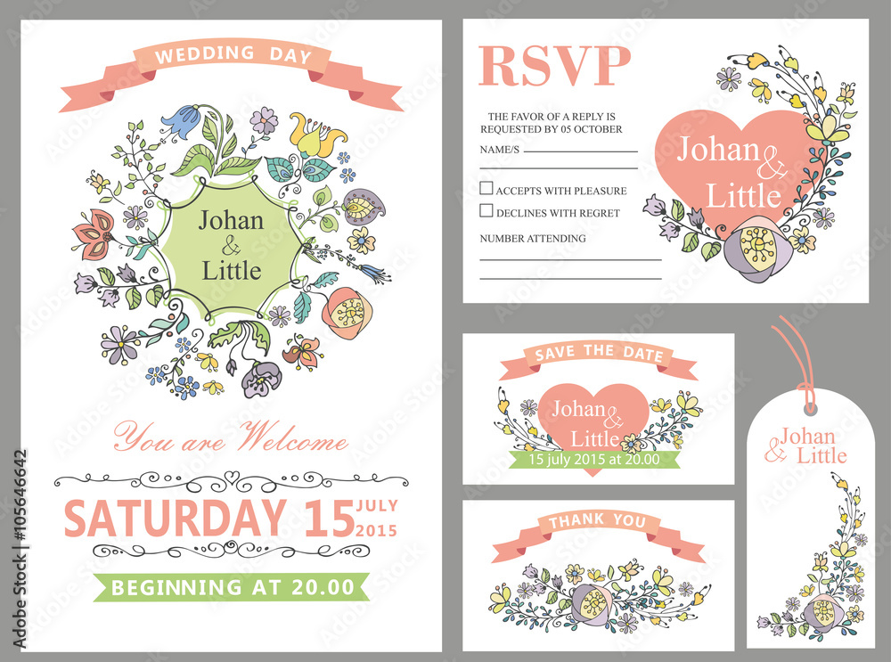 Wedding design template set.Doodle Floral decor