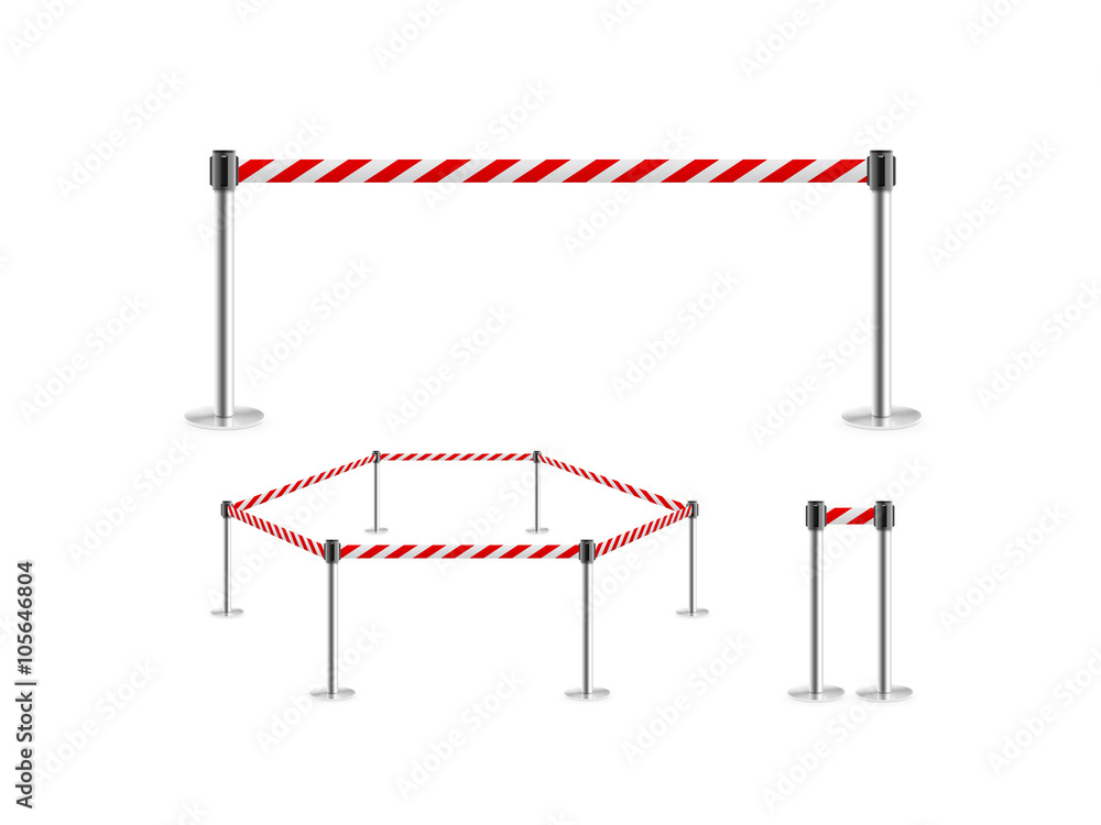 Fototapeta premium Mobile fence barrier with red white belt stand isolated, 3d illustration . Fencing barricade on metal chrome pole posts. Portable caution rack with ribbon stretch tape. Precaution fence tape band. 