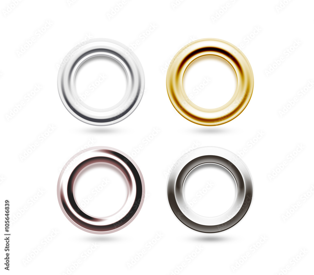 Grommets set isolated. Metal, brass, steel, gold, silver eyelets. Grommets set isolated. Metal, brass, steel, gold, silver eyelets.