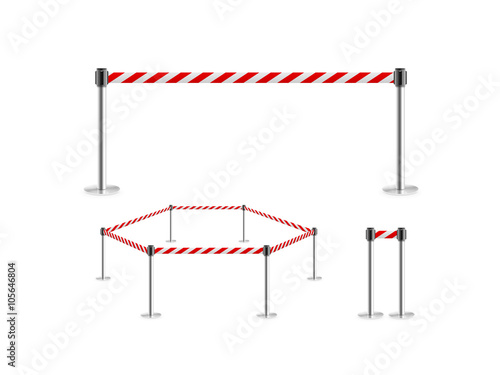 Mobile fence barrier with red white belt stand isolated, 3d illustration . Fencing barricade on metal chrome pole posts. Portable caution rack with ribbon stretch tape. Precaution fence tape band. 