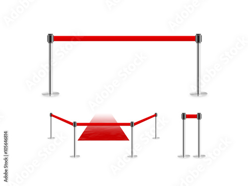 Mobile fence barrier with red belt and velvet carpet stand isolated on white. Fencing barricade on metal chrome pole posts. Portable protective rack with ribbon stretch tape. Protection fence crowd.