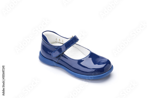 blue patent childrens shoe on a white background