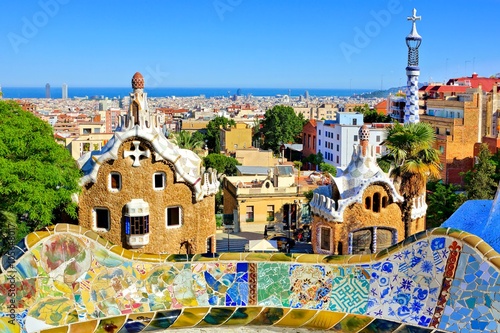 View over Antoni Gaudi's artistic Park Guell in Barcelona, Spain