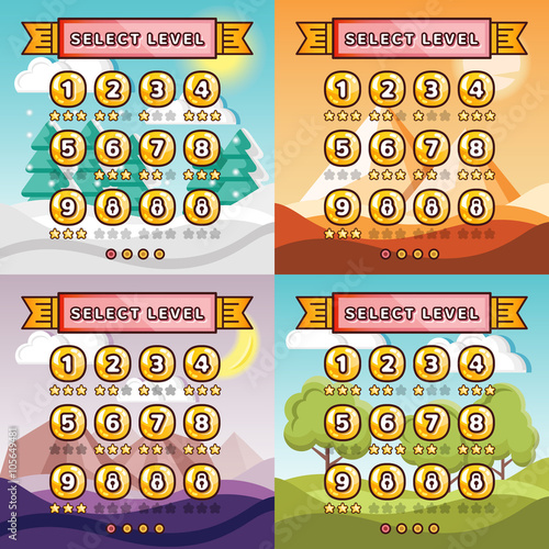 Level selection screens set. Winter forest, desert, canyon, sunny hills backgrounds