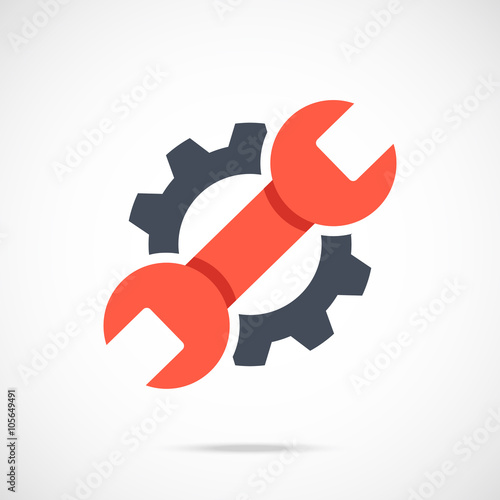 Gear and wrench icon. Red spanner and black cog. Creative graphic design logo element