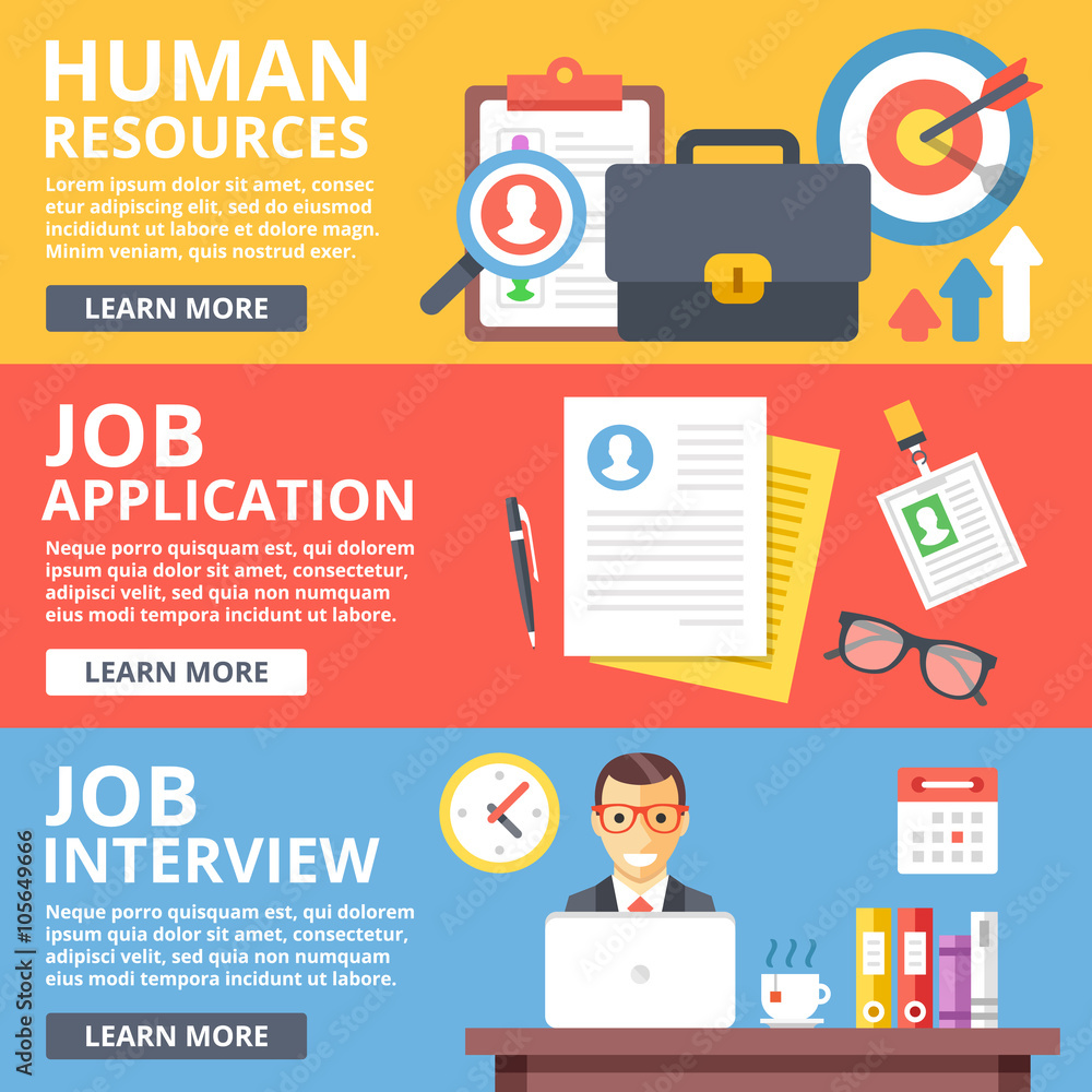 Human resources, job application, job interview flat illustration set Human resources, job application, job interview flat illustration set