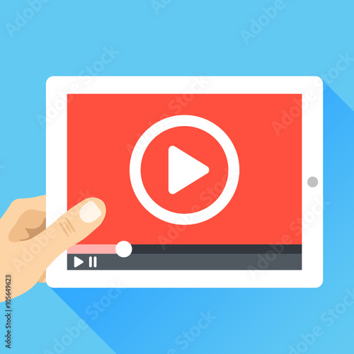 Hand holding tablet with video frame and play button. Video marketing, online cinema. Modern flat illustration