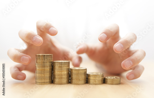 Fotografi Greed for money. Hands grabbing coins.