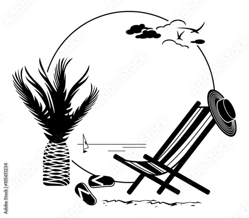Round frame with sun lounger and  marine landscape