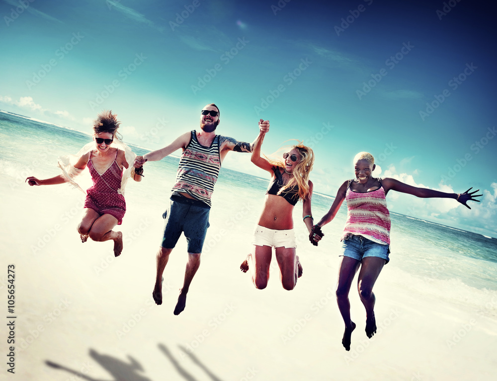 Diverse Beach Summer Friends Fun Jump Shot Concept Diverse Beach Summer Friends Fun Jump Shot Concept