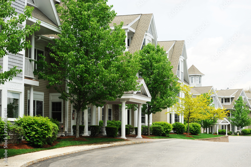 modern apartment buildings with spring green trees