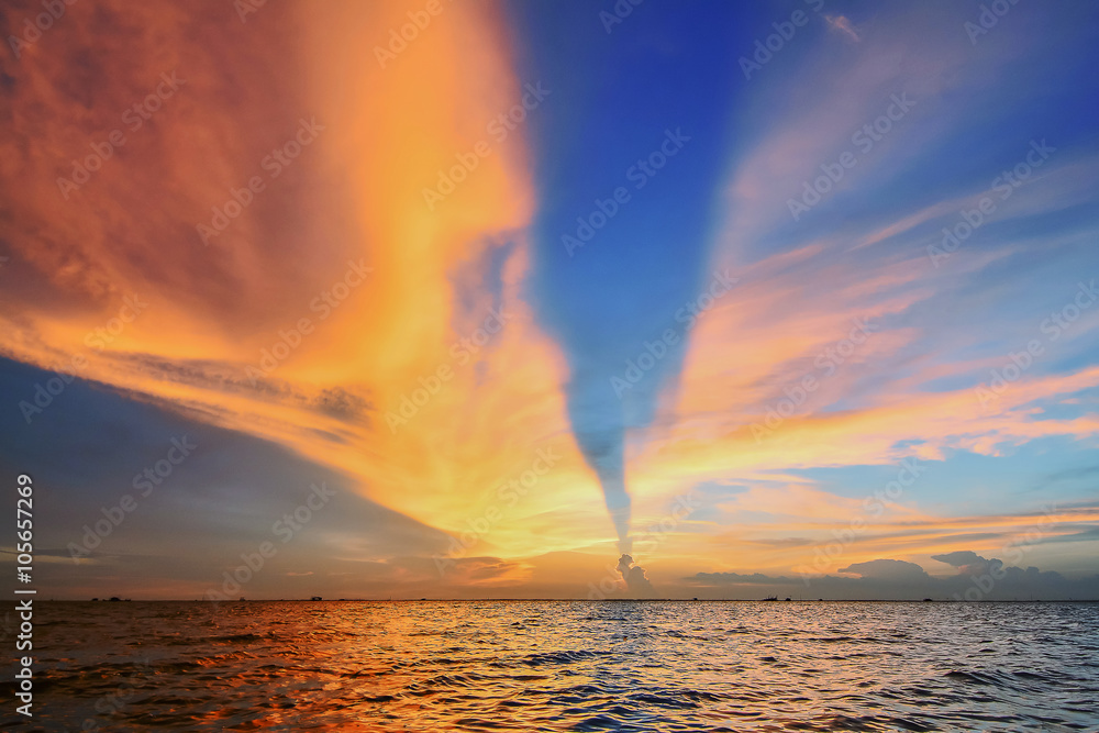 twilight, beam of sunlight over the sea in Thailand
