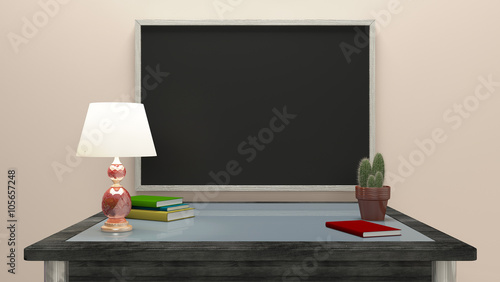Blackboard and Table with Lamp 3d rendering image 