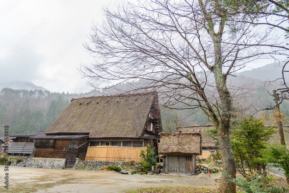Fototapeta premium Rainy Day in Shirakawa Go (Shirakawa-go) JAPAN . The world heritage gassho zukuri houses in Ogimachi village