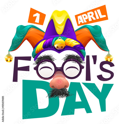 Funny glasses nose. April Fools Day lettering text for greeting card. 1 April Fools Day
