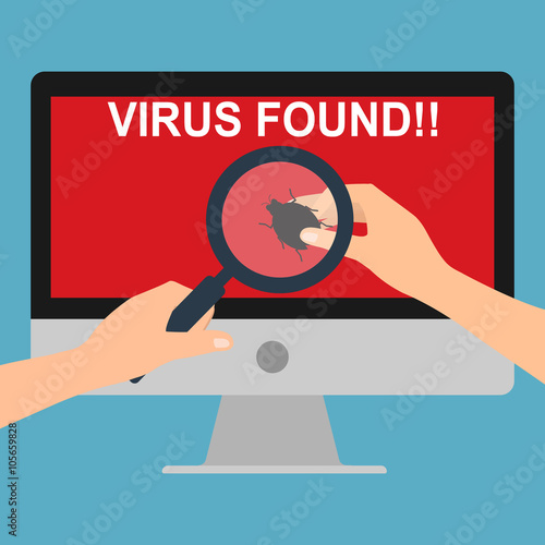 Hands holding magnifying glass with malware virus detected.