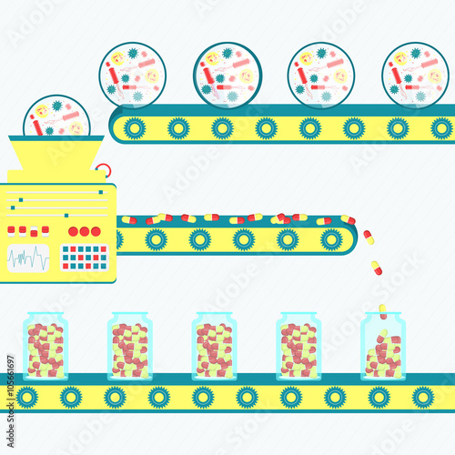 Vector illustration of factory producing drugs, pills from microorganism. Antibiotic production.