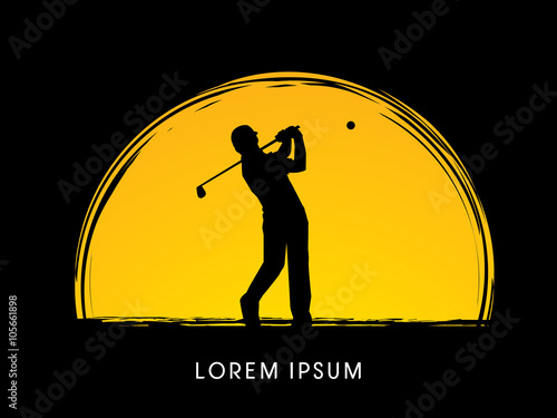 Man swinging golf , Golf players ,Club, on sunset background, graphic vector