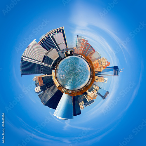 New York City 360 degree panorama. Unique view of city as a tiny round planet floating in space.