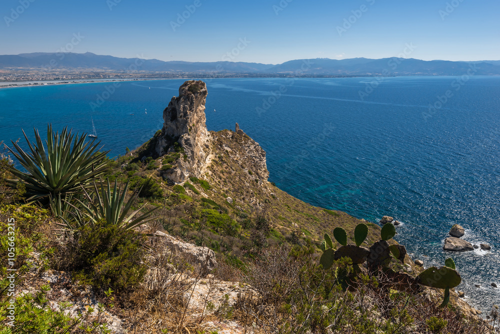 The view on the Devil's Saddle - La Sella del Diavolo - closed to Cagliari in Sardinia, Italy. Cagliari coastline panorama.