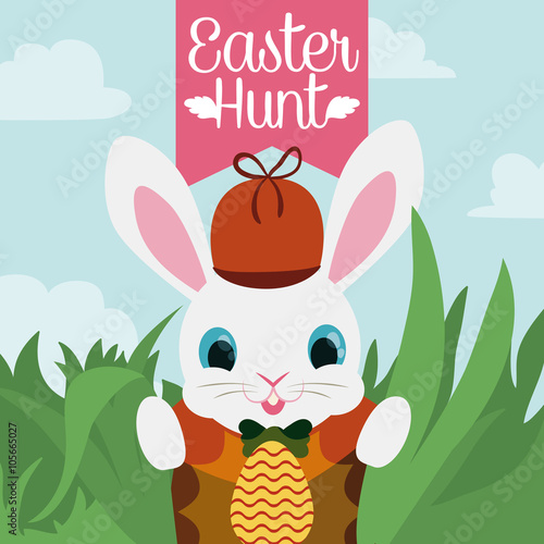 Little Sweet Easter Rabbit Playing Outside Egg Hunt, Vector Illustration
