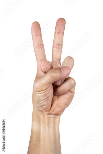 Victory sign by hand isolated on white