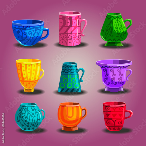 Set of vector cartoon mugs. Illustration with cooking utensils.