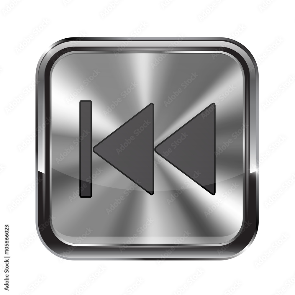 Metal button. With chrome frame. Rewind icon Metal button. With chrome frame. Rewind icon