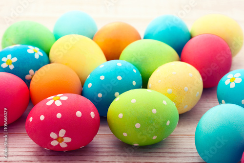Easter background. Colorful easter eggs with pattern flowers. Top view, horizontal. Poster, mock up for design. Selective focus