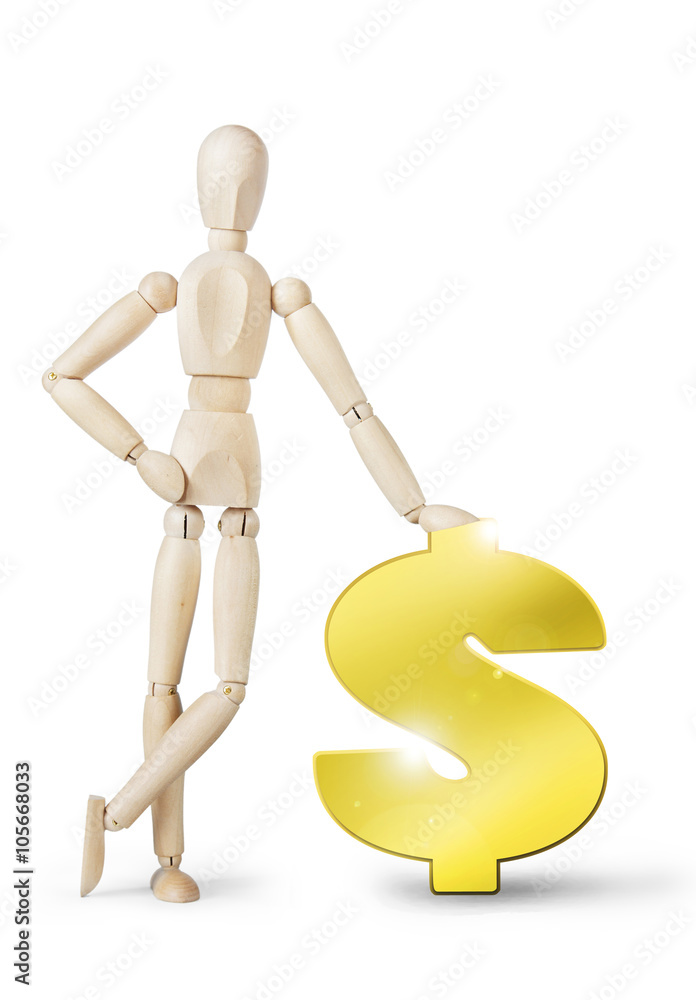 Man leaned against a large golden Dollar sign. Abstract image with a wooden puppet Man leaned against a large golden Dollar sign. Abstract image with a wooden puppet