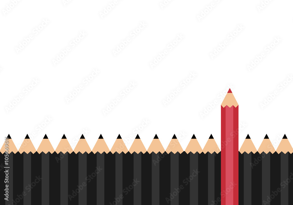 Red color pencil standing out from dull pencils. Think different concept. Red color pencil standing out from dull pencils. Think different concept.