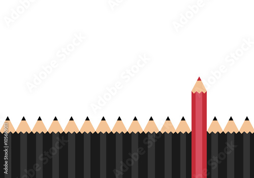 Red color pencil standing out from dull pencils. Think different concept.