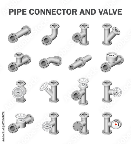 Pipe icon and flange fitting. Include control valve and pressure gauge or manometer. For pipeline construction and transportation liquid or gas i.e. crude, oil, natural gas, sewage, wastewater etc.