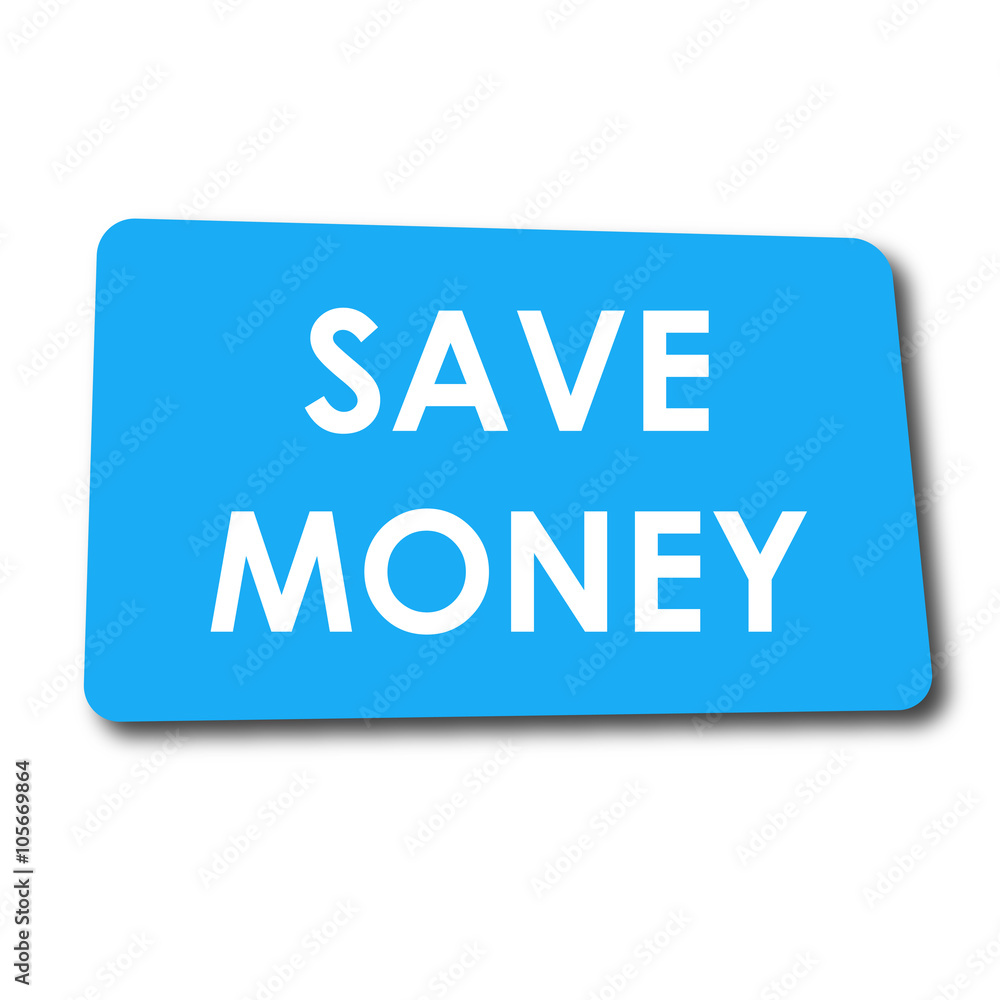 Icono plano SAVE MONEY en rectangulo azul con sombra Icono plano SAVE MONEY en rectangulo azul con sombra