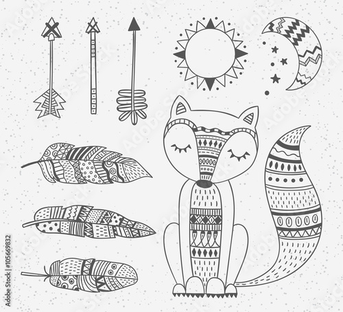 Outline boho style totem fox, feathers, arrows, sun and moon design elements