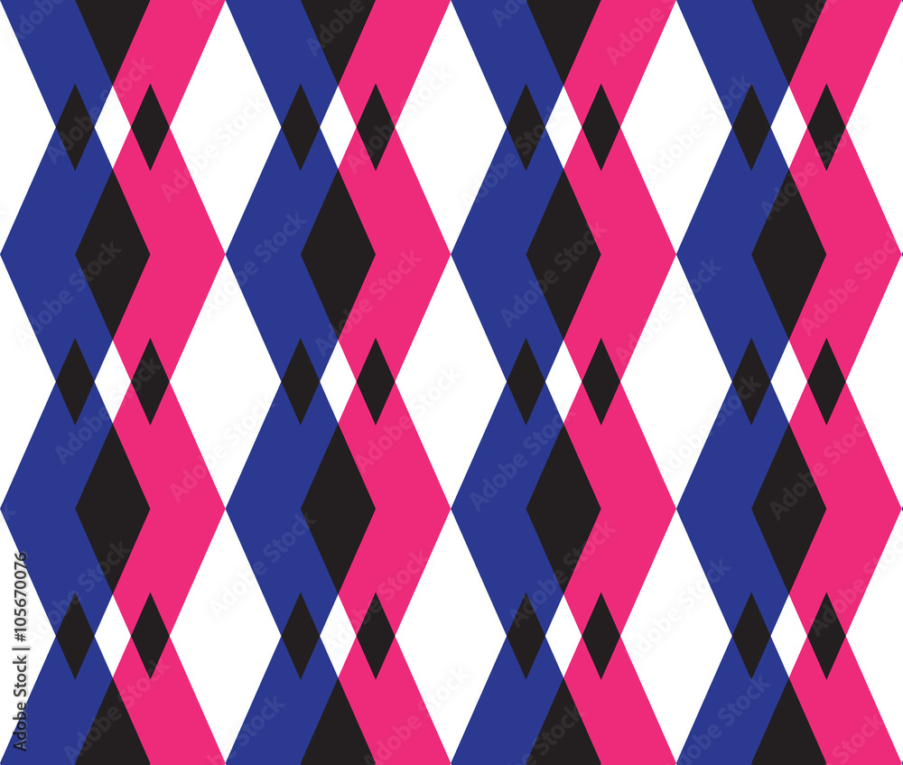 Obraz premium Vector seamless pattern with pink, blue and black triangles. Background can be used for web, fabrics, booklets, business cards and other.